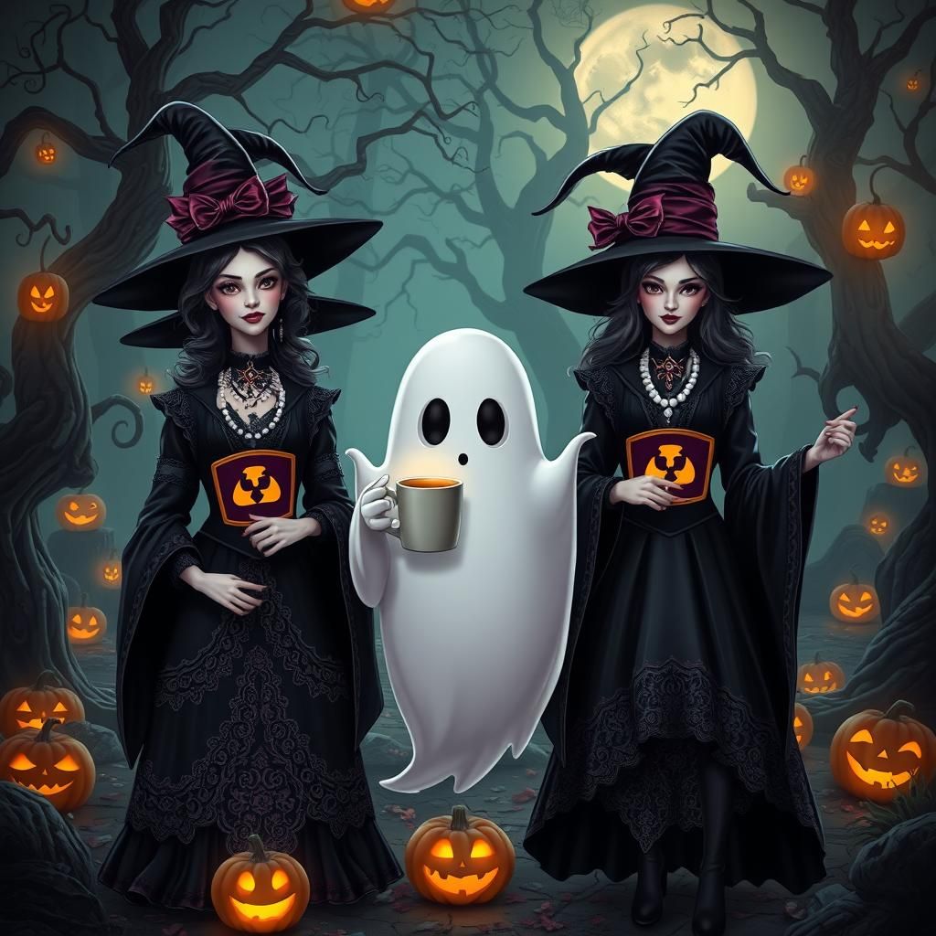 Modern Gothic Witches and Ghost in Moonlit Forest
