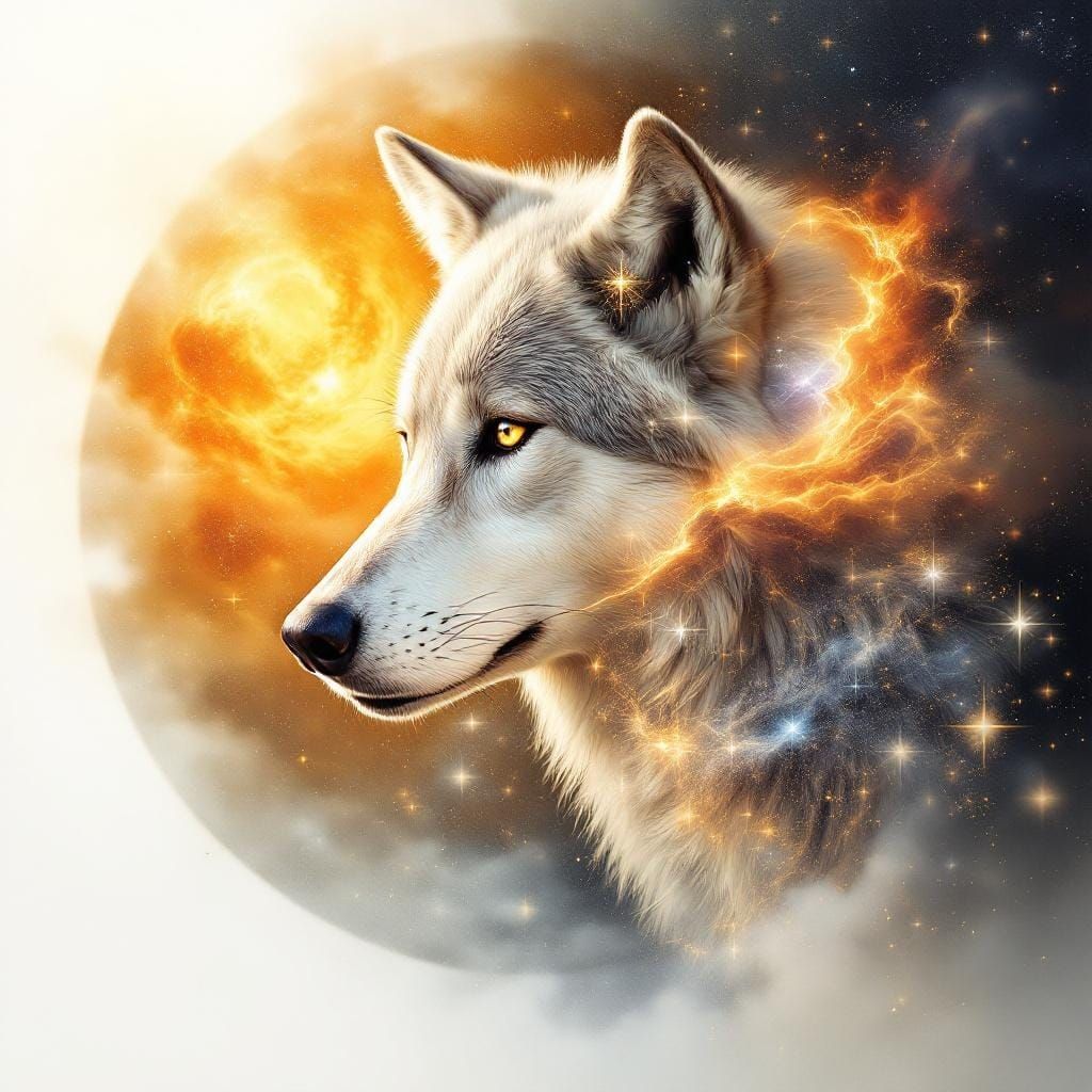 Realistic Wolf in Cosmic Nebula Sunset Airbrush Art