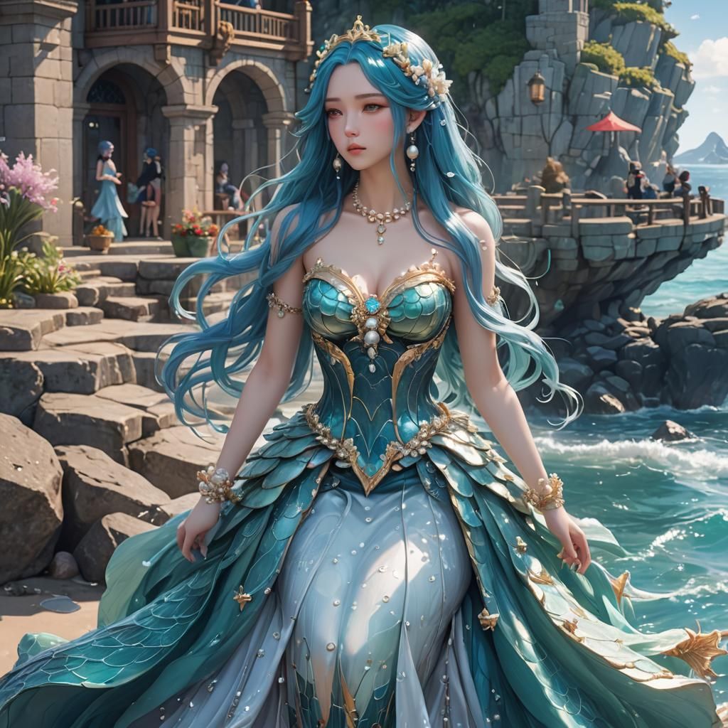 Blue-Haired Mermaid in Fantasy Kingdom: 3D Anime Art