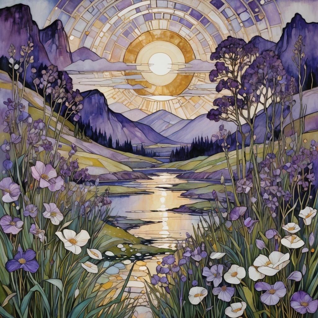 Mountain Lake Art Nouveau Landscape with Glittering Effects