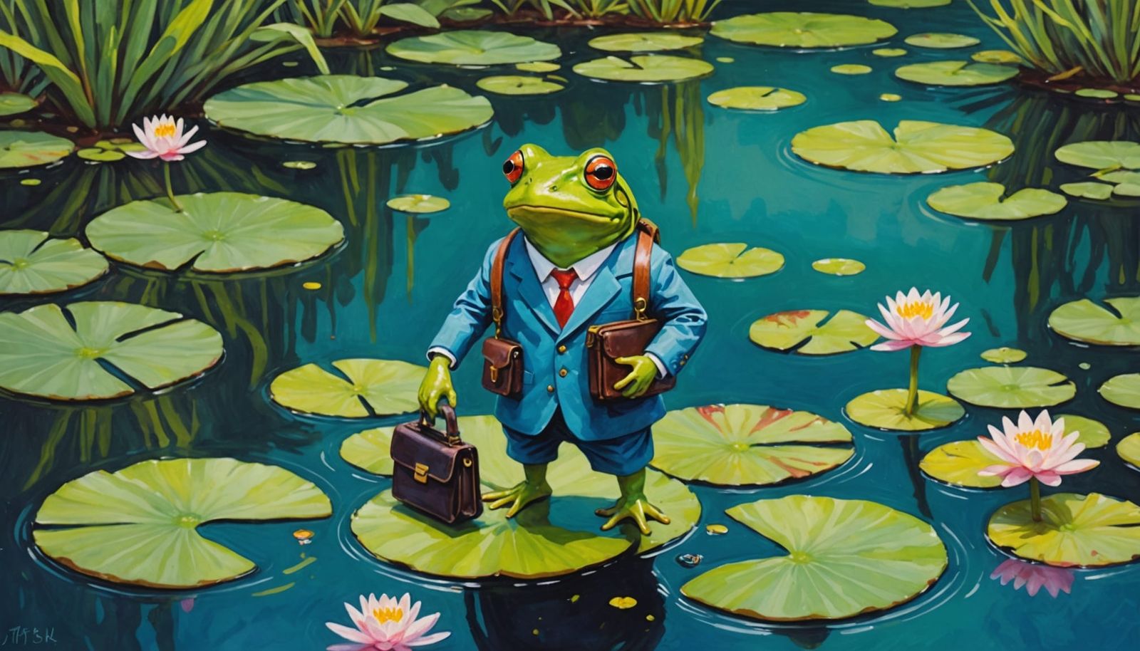 Bioluminescent Frog Commute: Gouache and Watercolor Painting