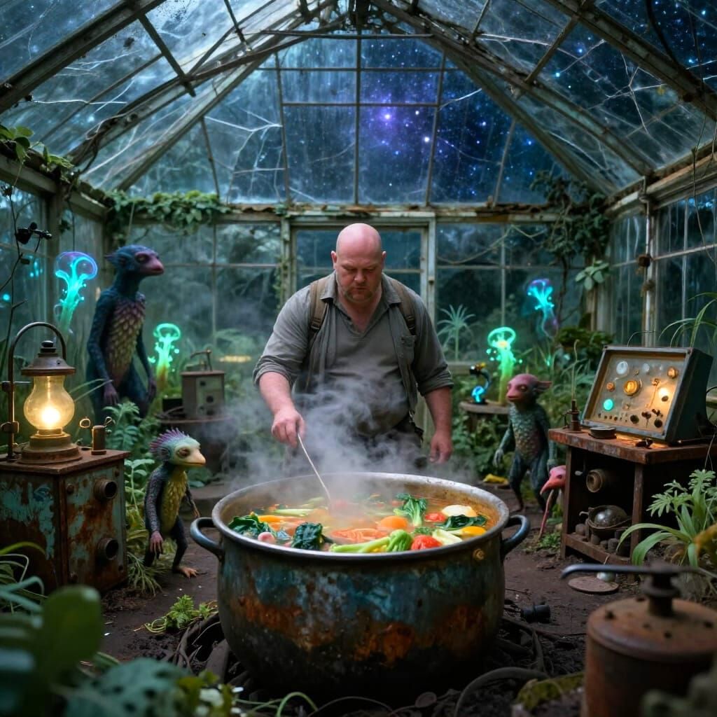 Explorer Discovers Mystical Greenhouse Under Starry Cosmos