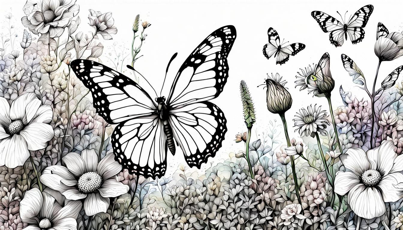 Botanical Garden Flowers and Butterflies Ink Drawing