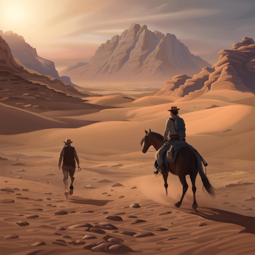 Hyperrealistic Desert Sunrise with Horse Rider