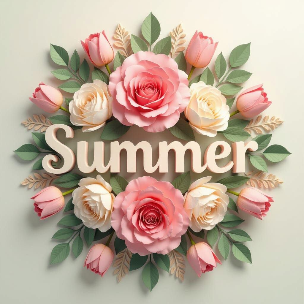 Pastel Floral Arrangement with 3D Text in Digital Art