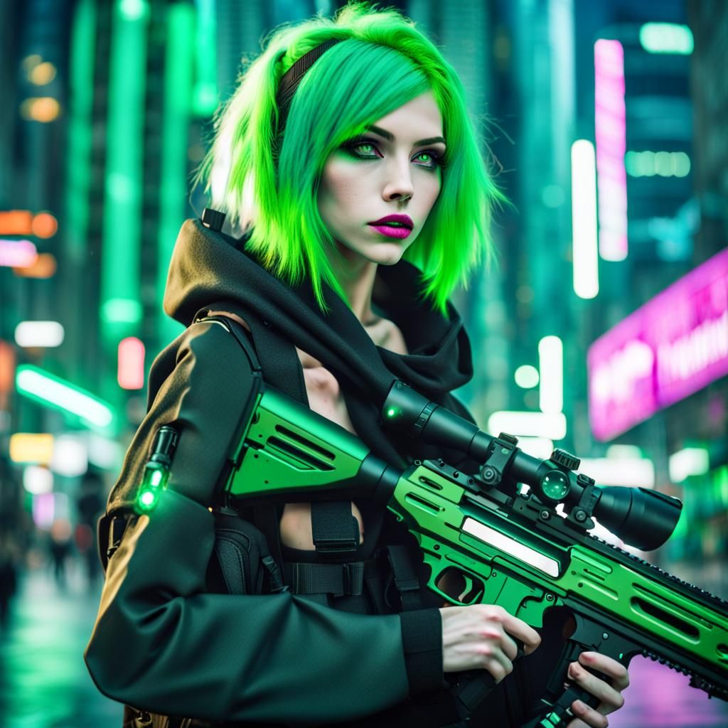 Cyberpunk Girl with Futuristic Sniper Rifle
