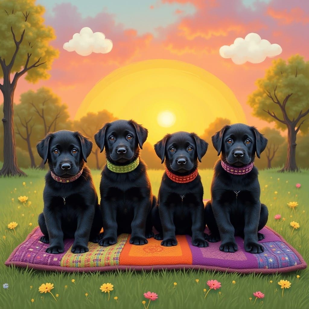 Cute Black Labradors Play on a Colourful Patchwork Quilt in ...