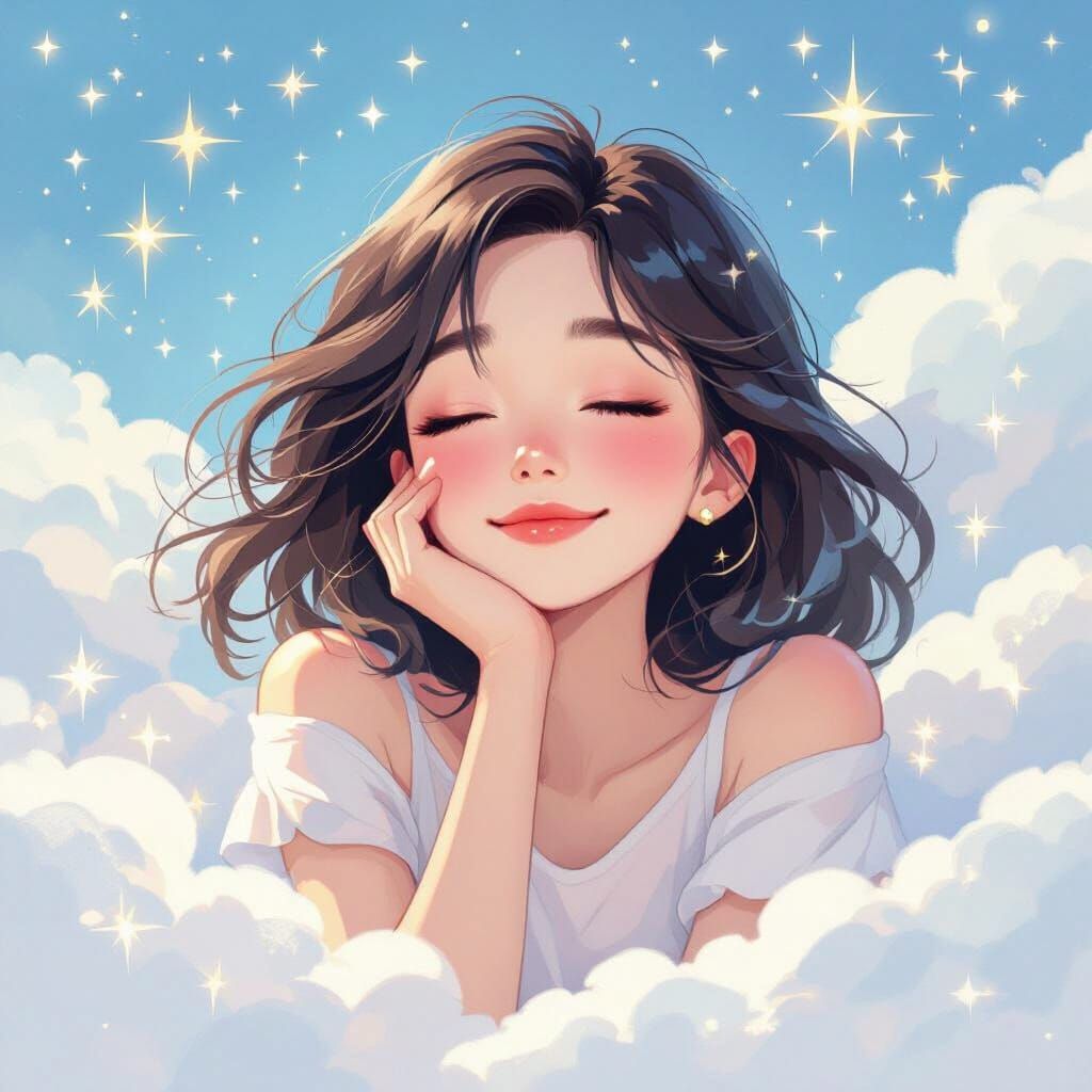Dreamy Woman Surrounded by Clouds and Stars