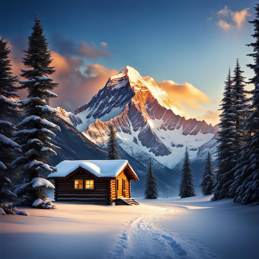 Winter Cabin Scene with Mount Everest Backdrop