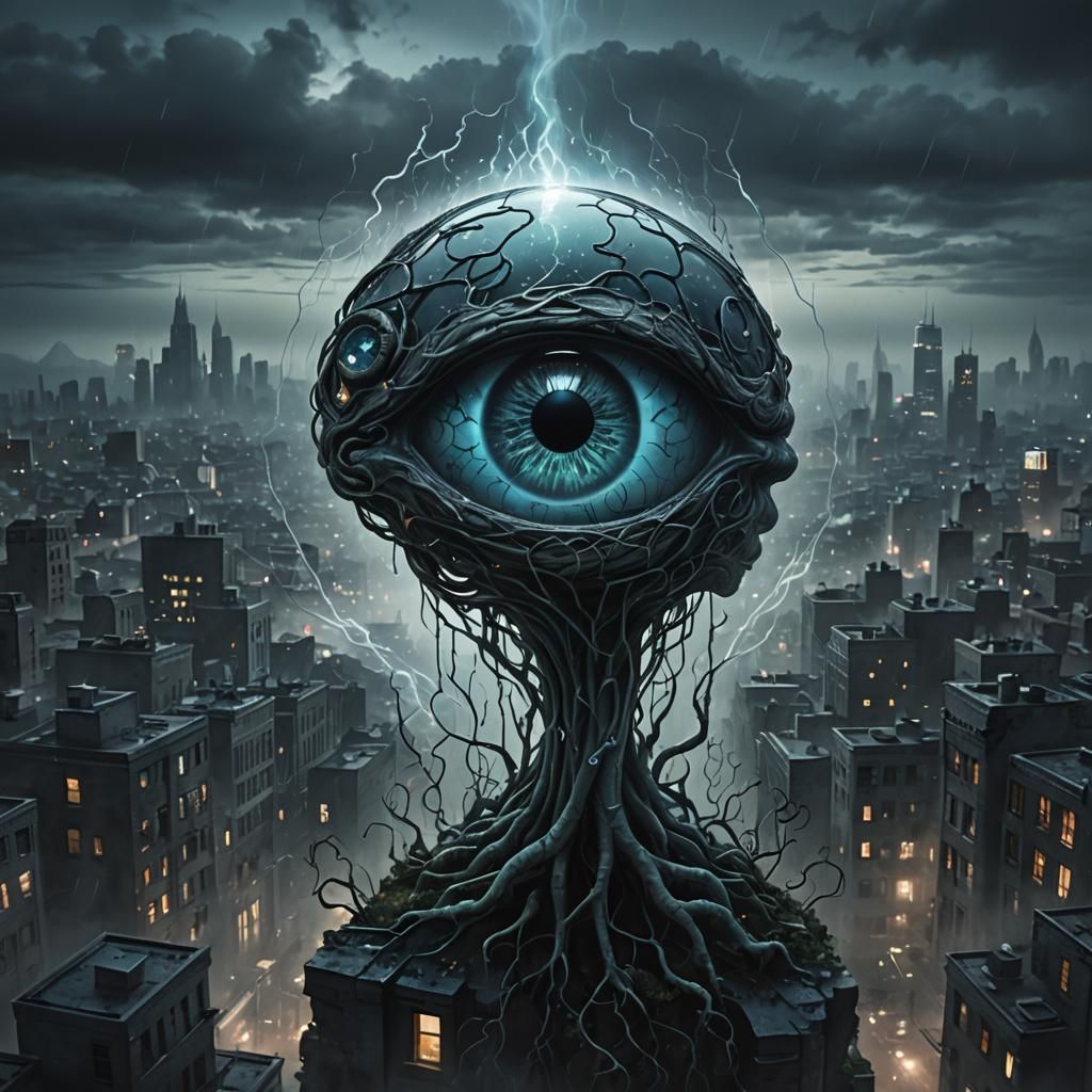Glass Brain in Lifeless Cityscape: Dark Fantasy Art