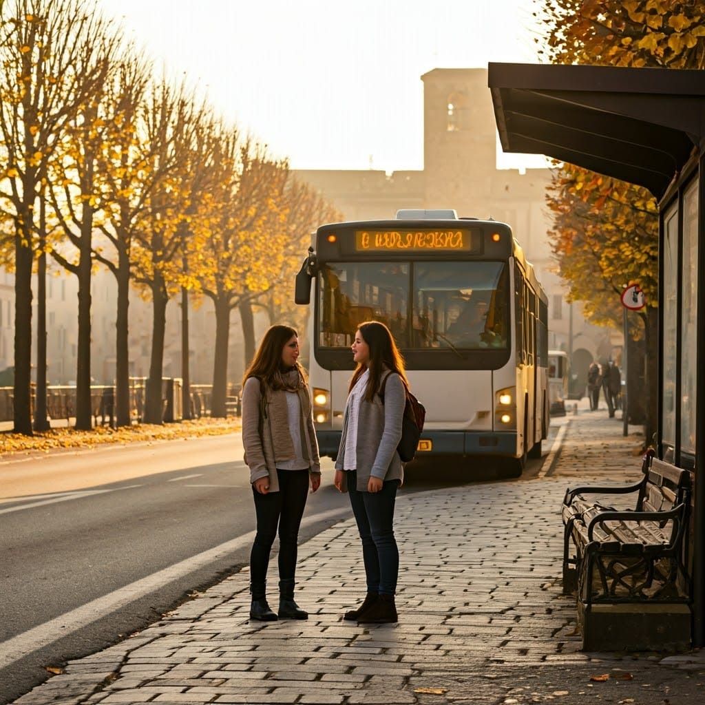 Italian Girls at Bus Stop in Autumn Sunrise