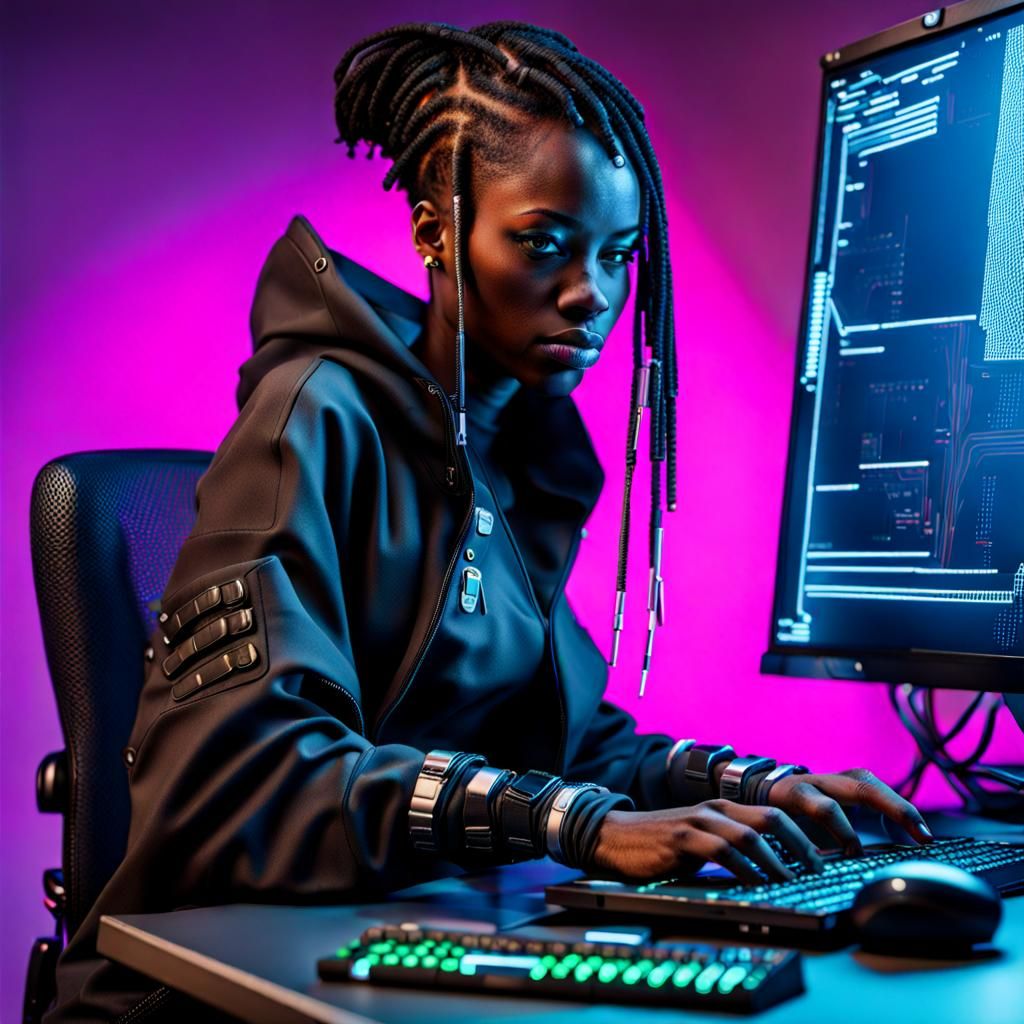 Cyberpunk Hacker: African Woman in Neon Cityscape