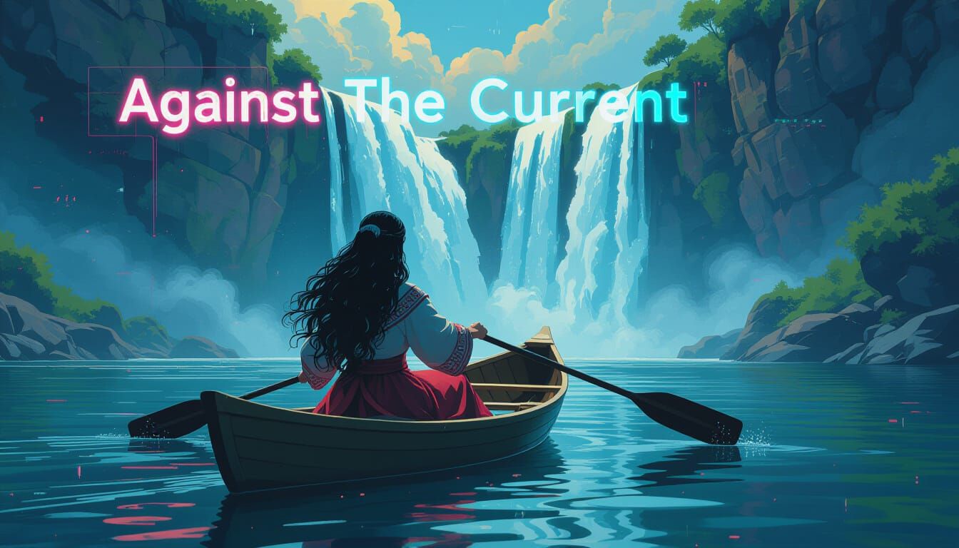 Woman in Spanish Dress Rows Canoe in Glitchy Neon Style