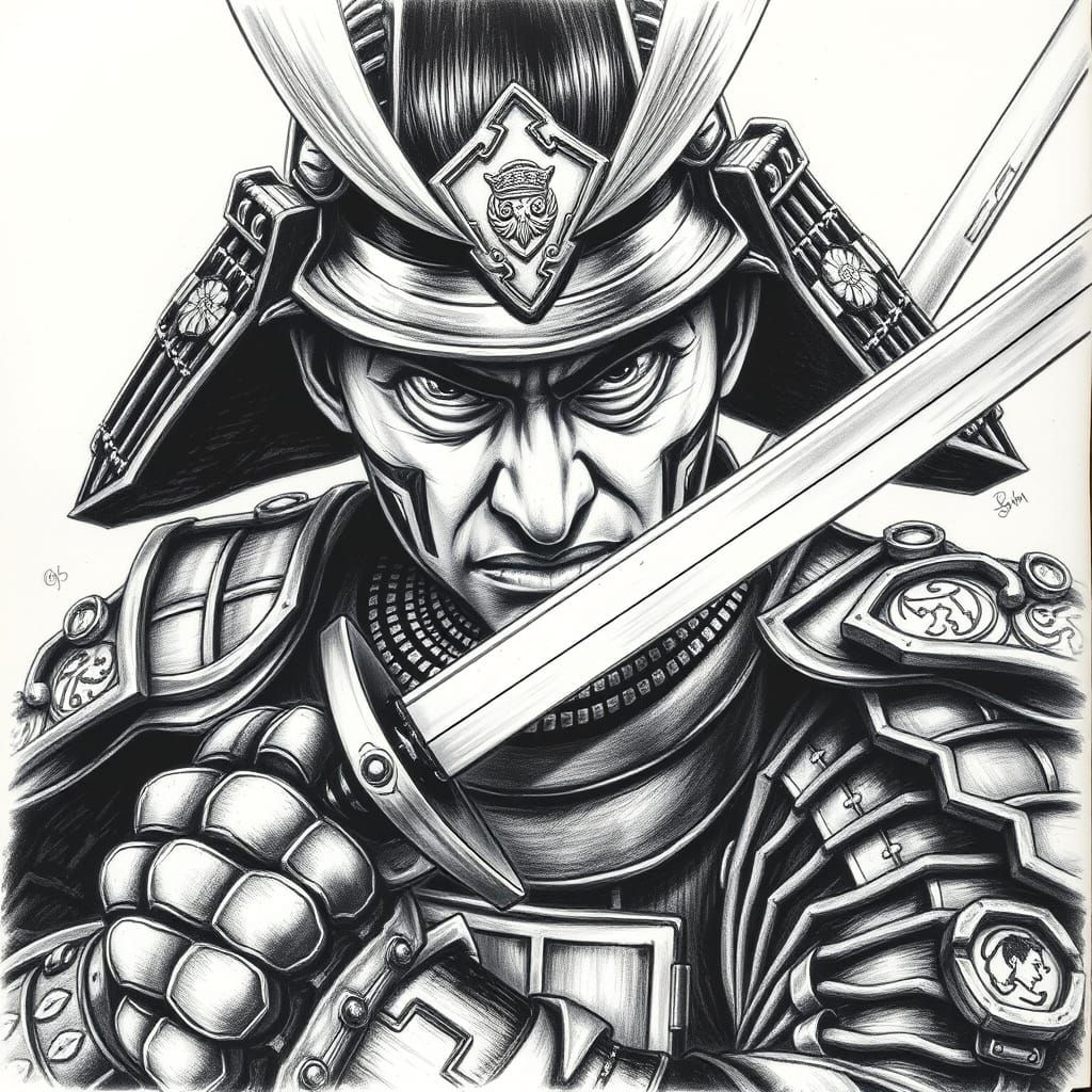 Elegant Samurai in Intricate Armor Posed for Battle