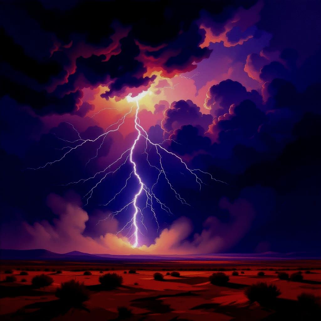 Desert Thunderstorm Oil Painting with Lightning and Duststor...