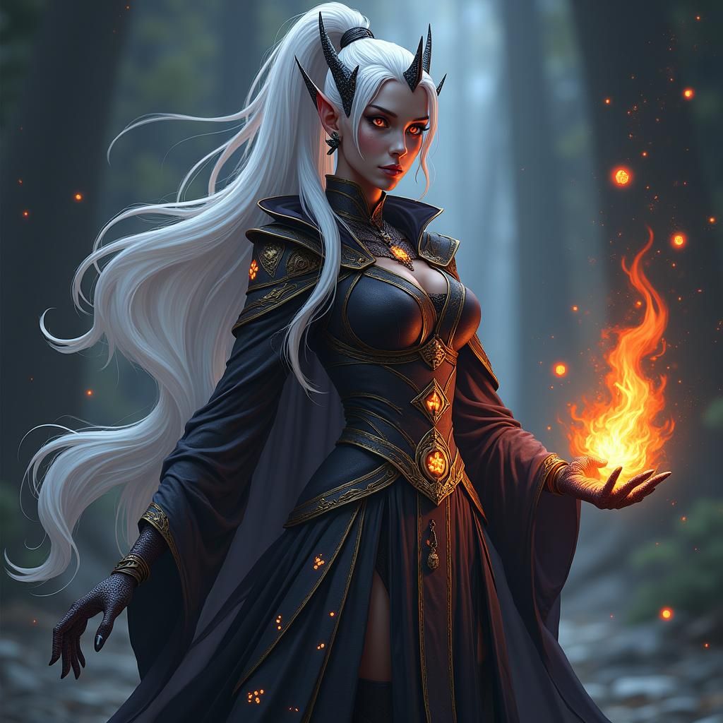 Dragon-like Dark Elf Sorceress in Anime Style