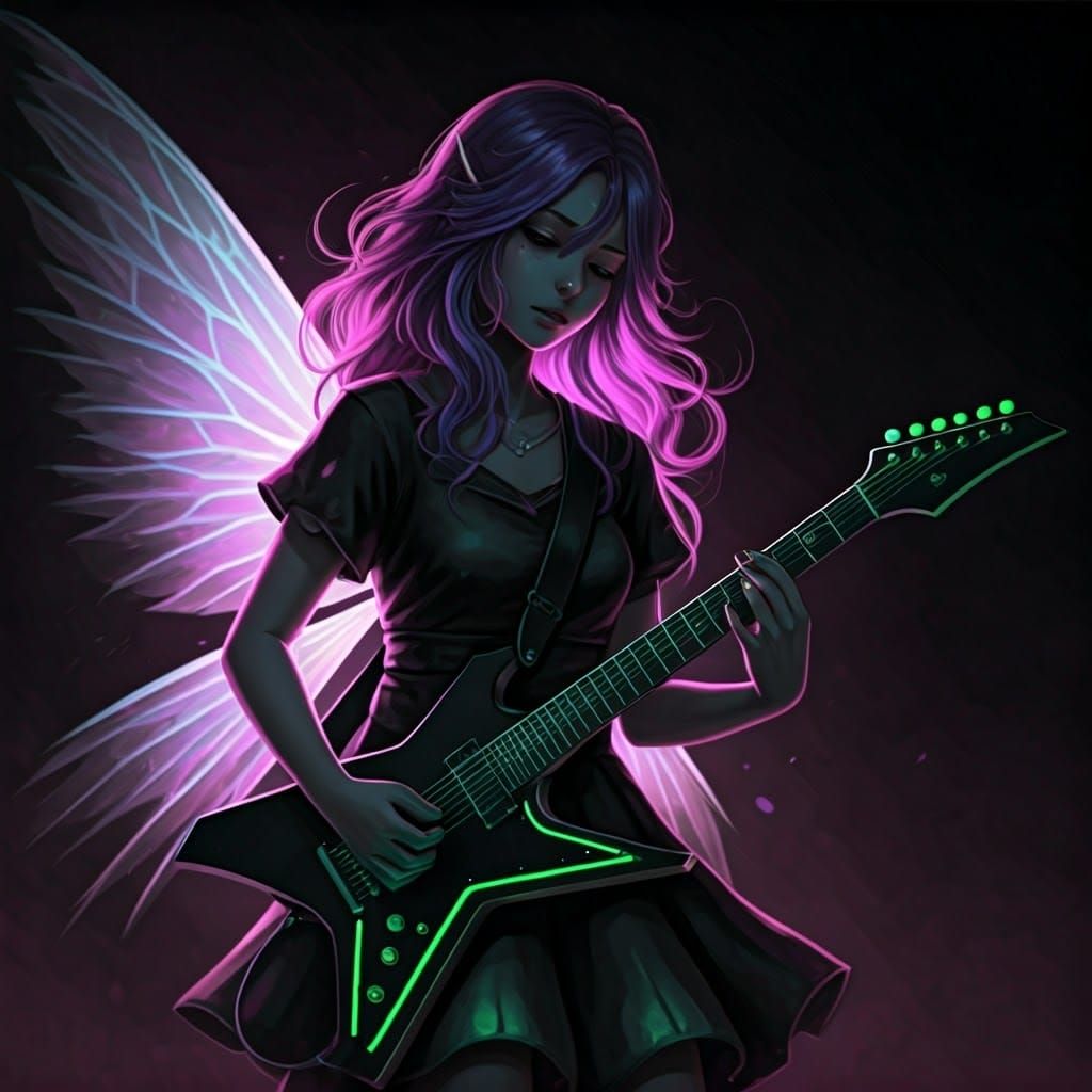 Ethereal Fairy Rocks Out in Neon-Lit Cyberpunk Manga Style