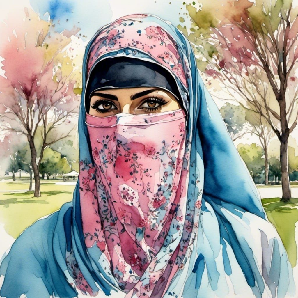 Middle Eastern Woman in Niqab Watercolor Portrait