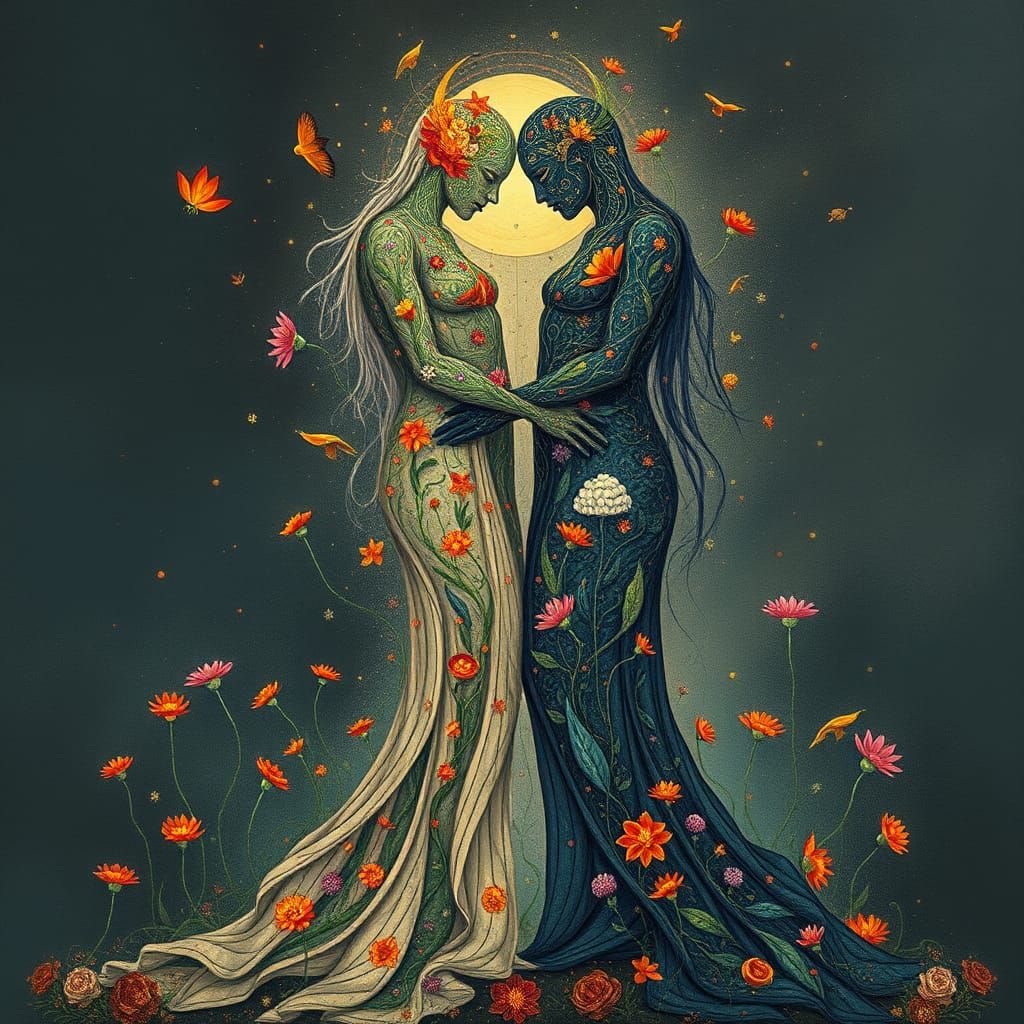 Dreamlike Duality of Interconnected Minds in Vibrant Fantasy...