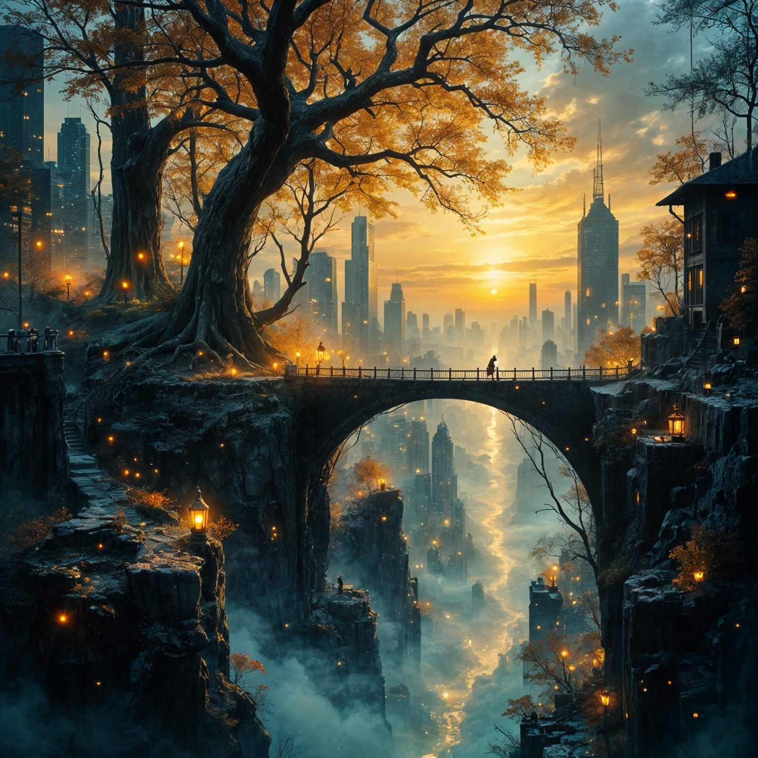 Autumn Cityscape with Ancient Trees and Moonlight Spiderweb