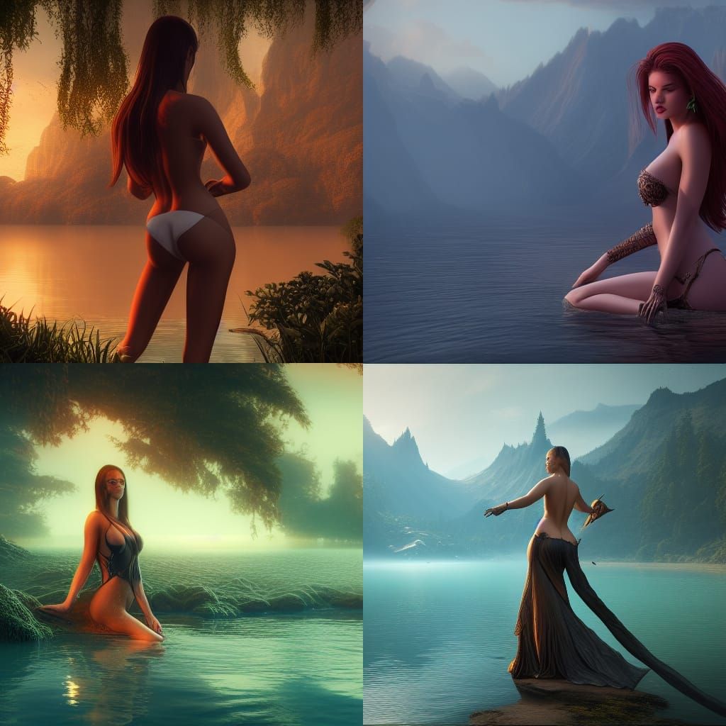 Woman in Lake: Detailed Matte Painting