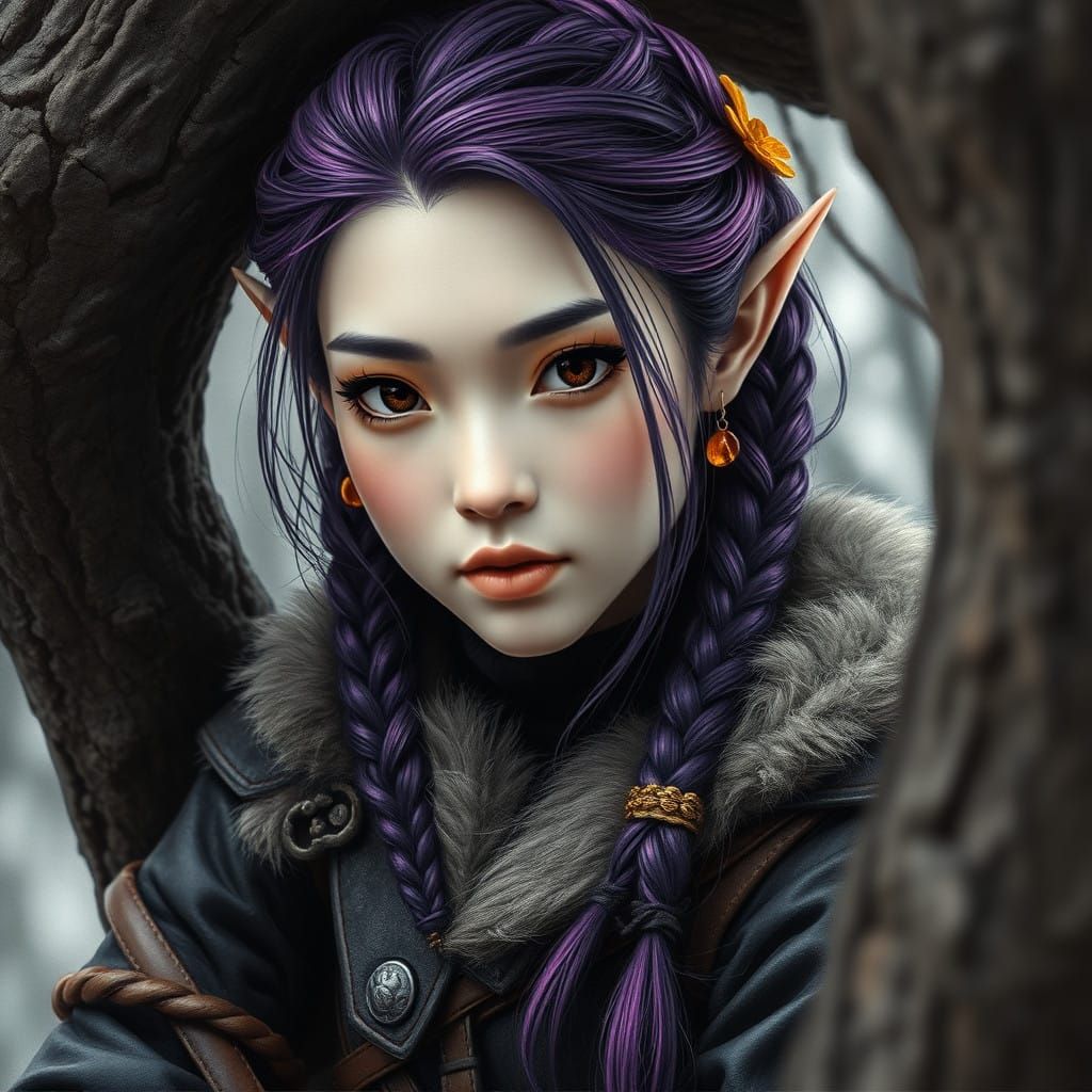 Medieval Asian Female Elf Ranger in Charcoal and Leather