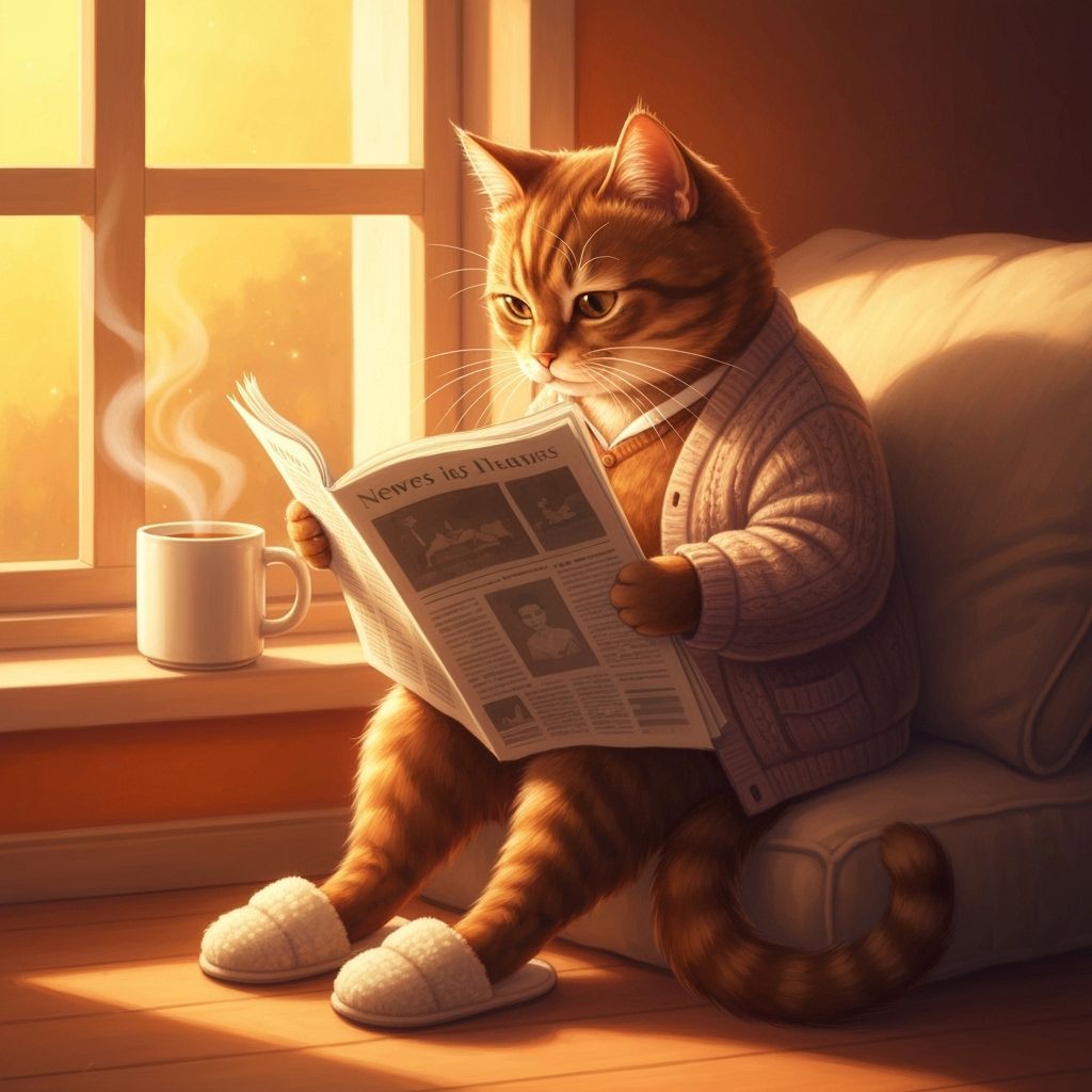 Cat Reading Newspaper in Sunny Room, Gentle Nostalgic Style
