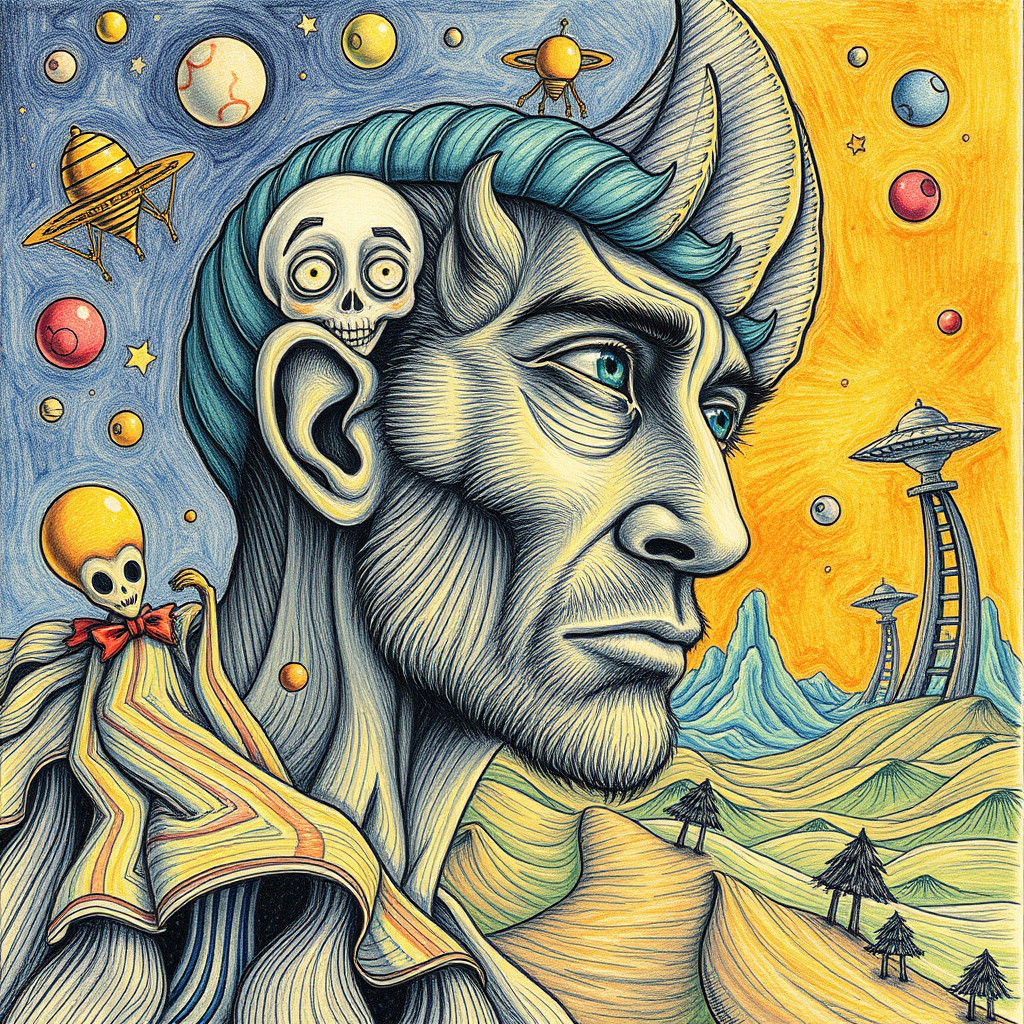 Whimsical Doodle Landscape with Alien Clowns