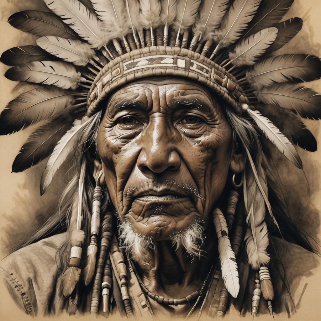 Native American Elder Smoking Peace Pipe in Charcoal