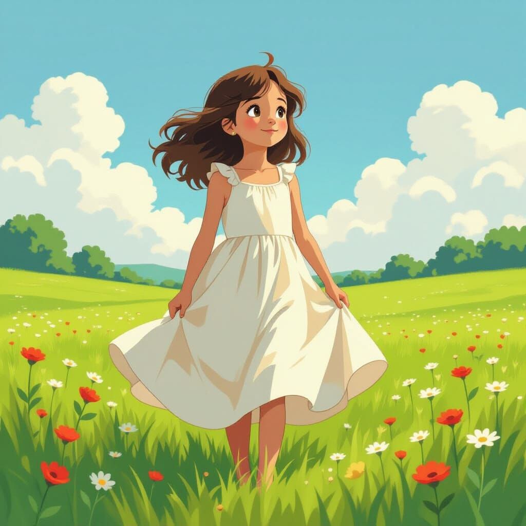 Whimsical Girl in Lush Meadow, Miyazaki & D'Errico Inspired