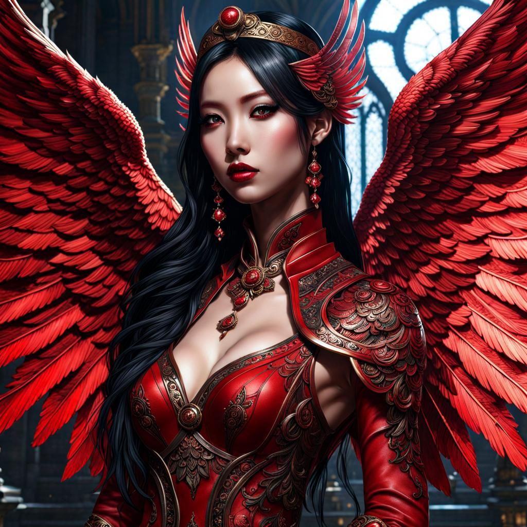 Gothic Asian Red Angel Portrait in Splash Art Style