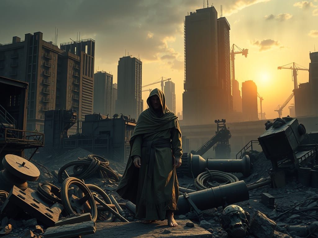 Resilient Survivor Amidst Ruins in Haunting Dystopian Landsc...