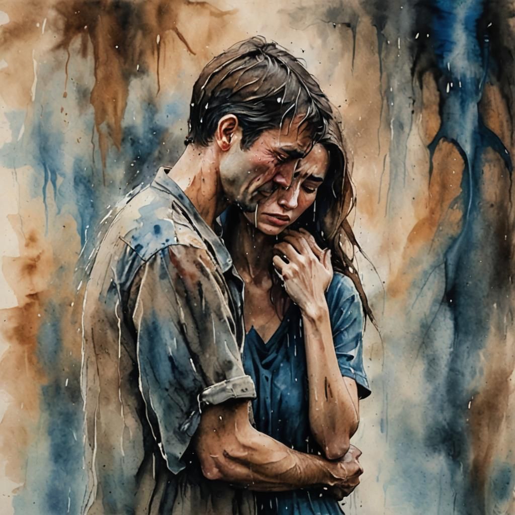 Man Comforts Crying Woman in Watercolor Style