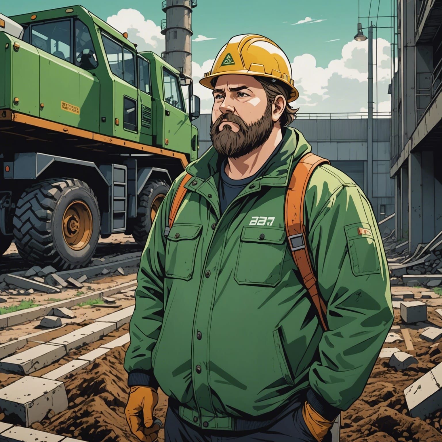 Geologist Digging in Industrial Area, Cel-Shaded Anime Style