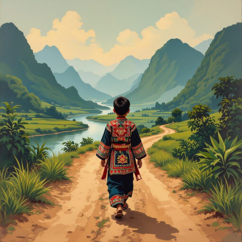 Hmong Boy in Traditional Dress Amidst Mountainous Landscape