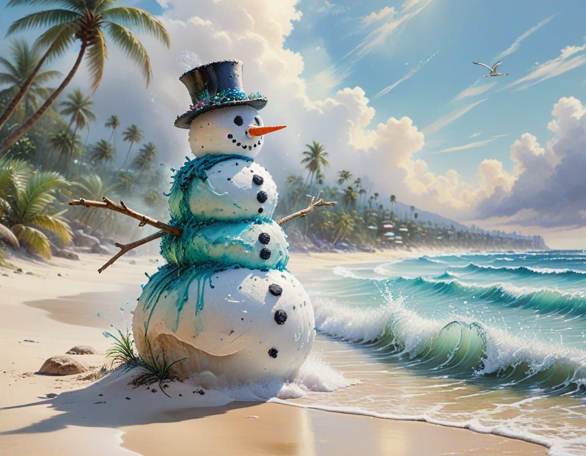 Melting Snowman on Tropical Beach in Watercolour Style