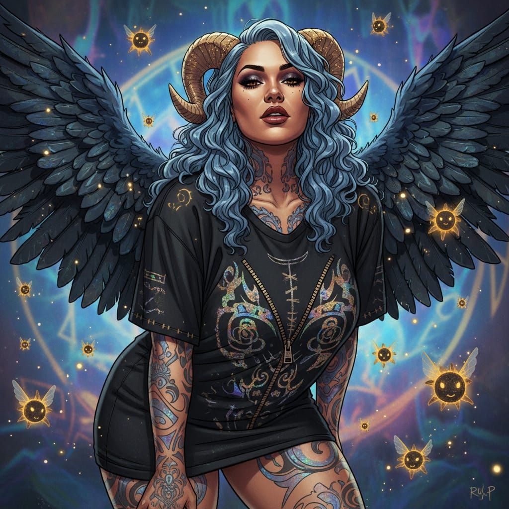 Gothic Woman with Crow Wings and Horns