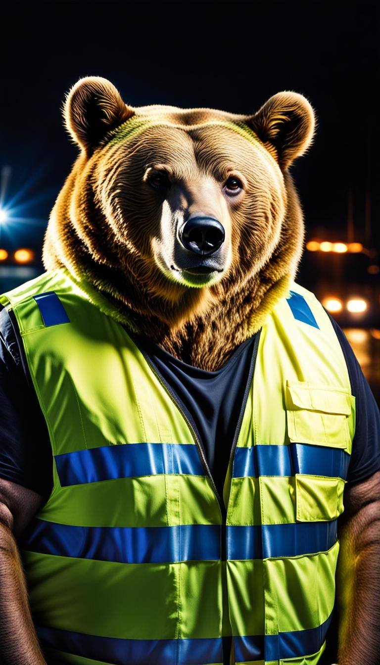 Obese Bear Tow-Truck Driver in Dark, Hyperrealistic Style