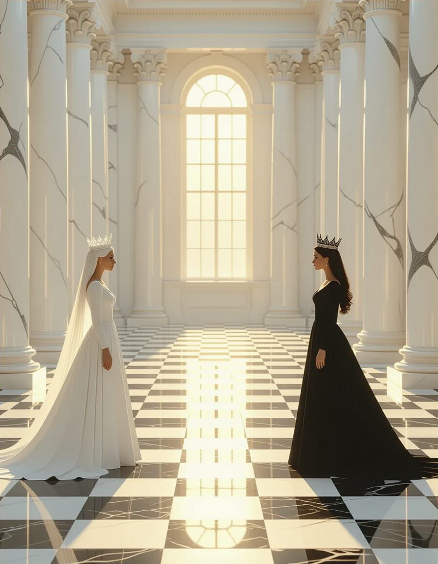 Queens' Standoff in Marble Chamber, Painterly Style