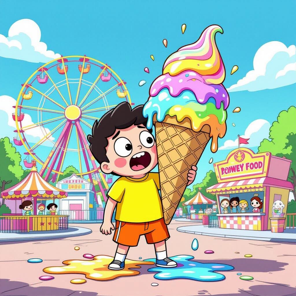 Cartoon Child's Melting Ice Cream Disaster at Theme Park