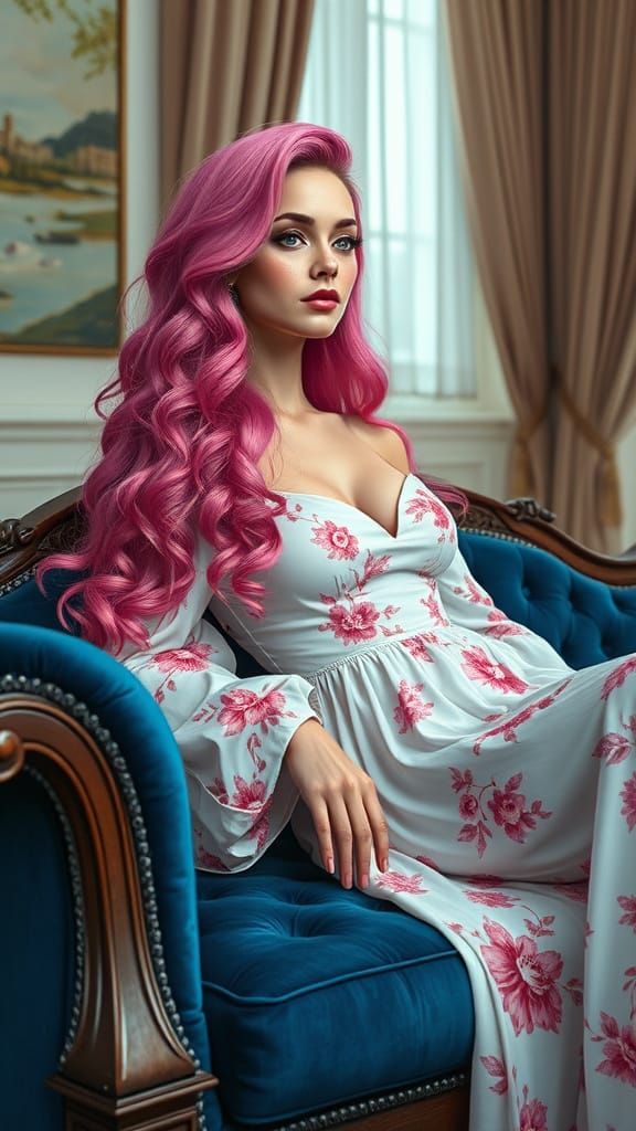 Artistic Portrait of Woman with Pink Hair on Velvet Sofa