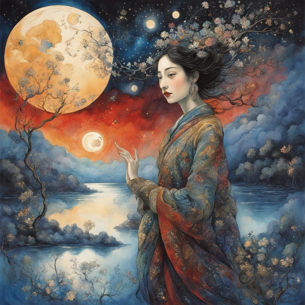 Ethereal Asian Goddess Surrounded by Whimsical Nature