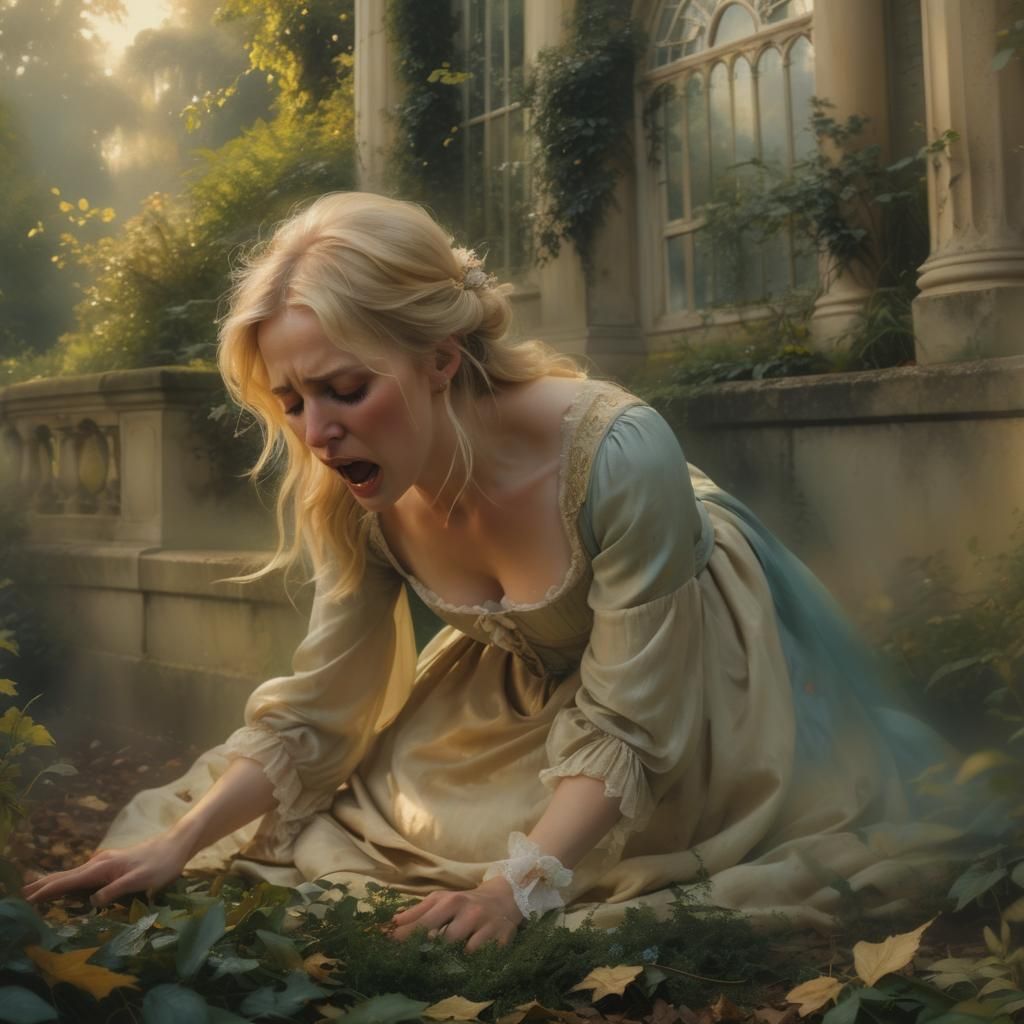 Regency Woman's Anguish in Sun-Drenched Garden
