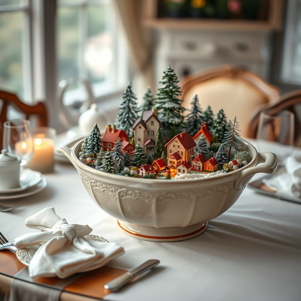 Miniature Village in Antique Soup Bowl