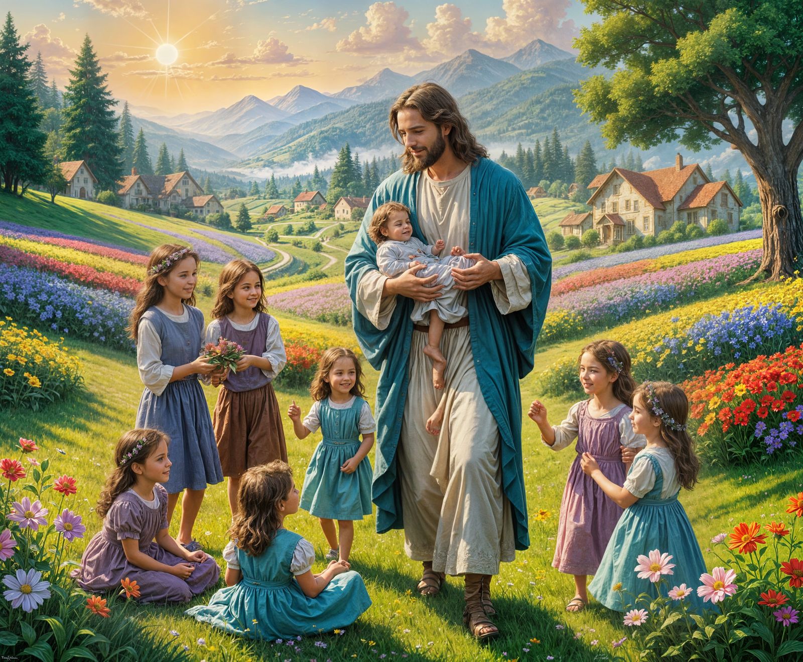 Jesus Plays With Family in Flower Field: Hyperrealistic Pain...