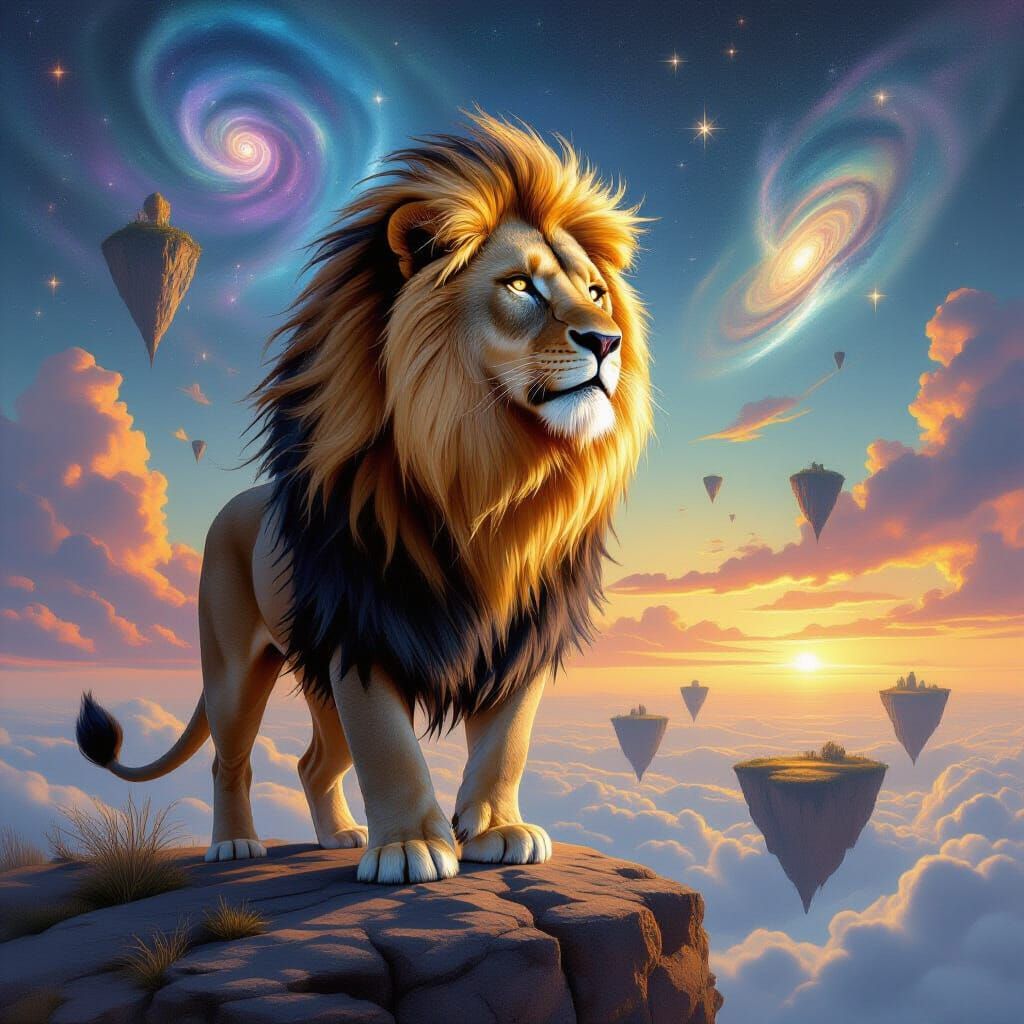 Lion with Water Mane Overlooking Surreal Landscape