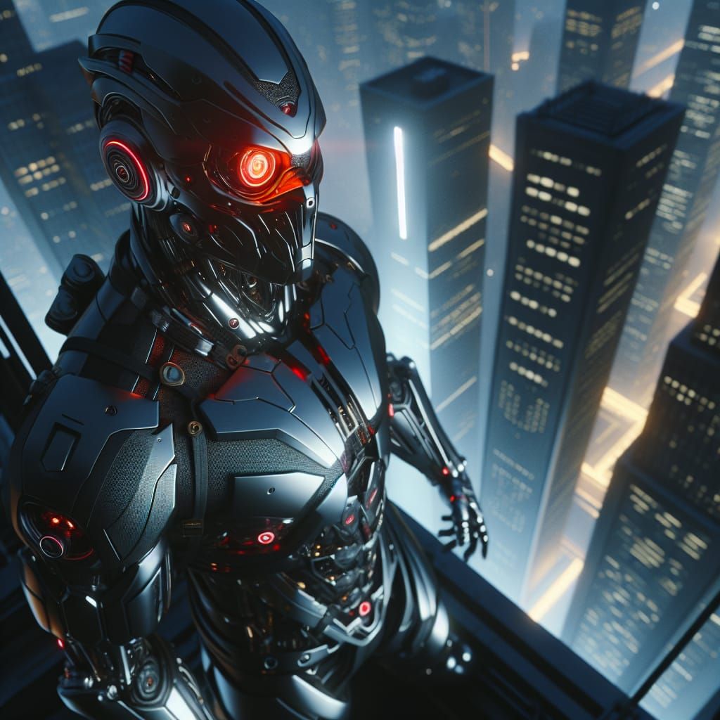 Cyborg Ninja on Skyscraper in Hyperrealistic Style