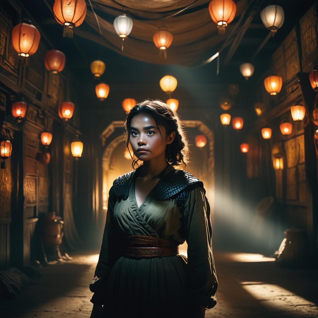 Cinematic Portrait of Nia Evellyn in Dark Chamber