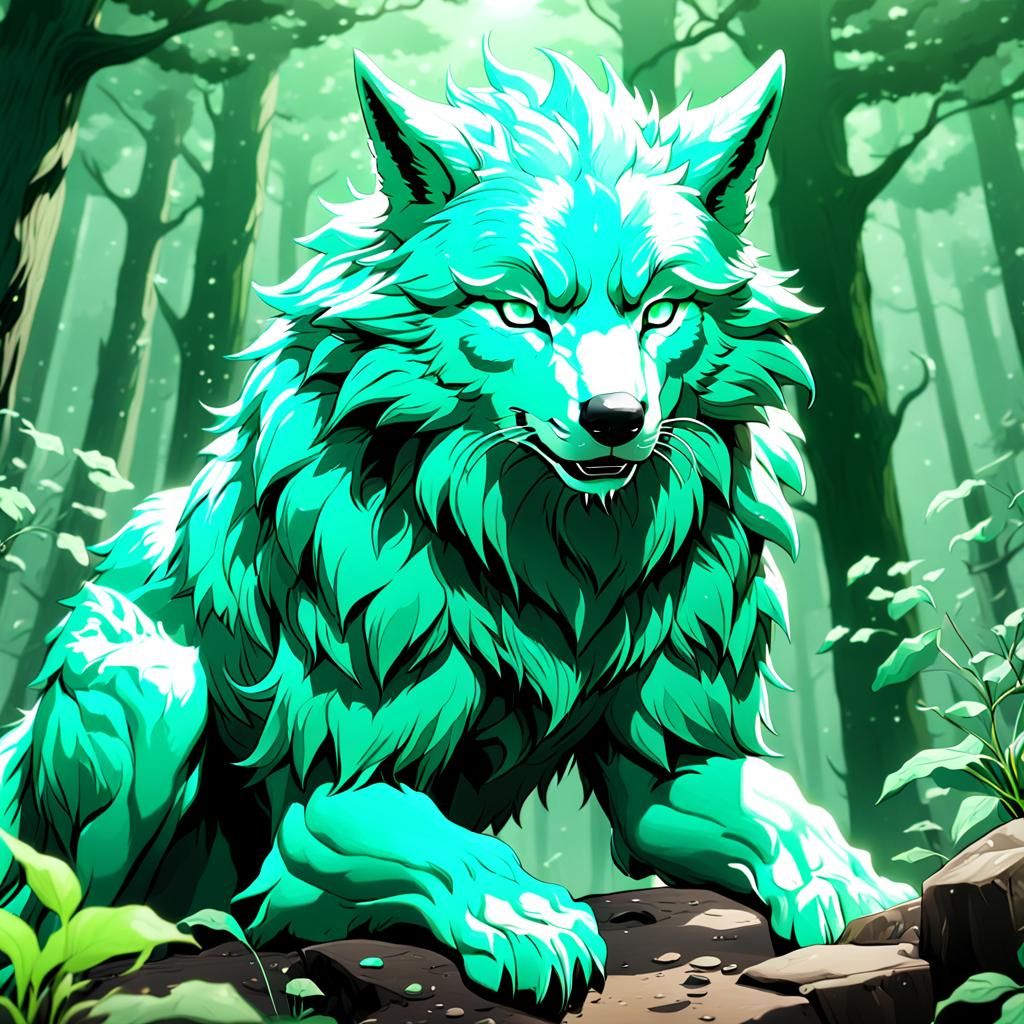 Anime Mint Green Wolf in Detailed Matte Painting