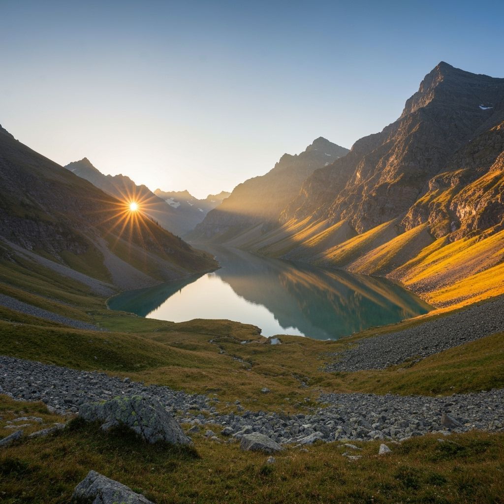 Realistic Mountain Valley at Sunrise in Golden Light